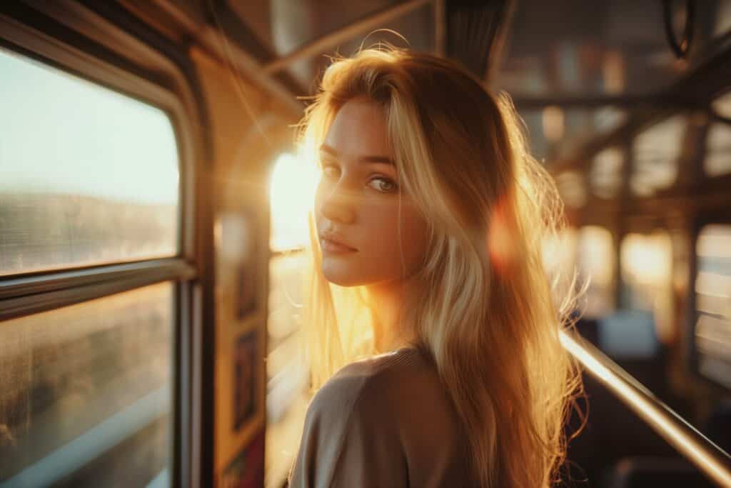 Blonde Frau in einem Zug stehend gegen die Abendsonne fotografiert,